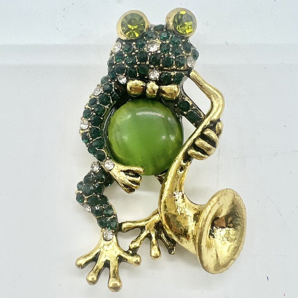 Frog With Trumpet Gold Tone Brooch Pin  Green Jelly Belly Rhinestones